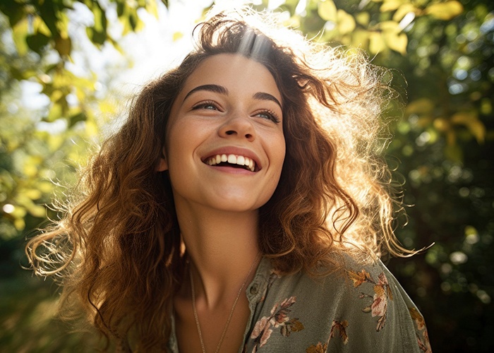 Woman outside smiling after cosmetic dental bonding in South Portland, ME