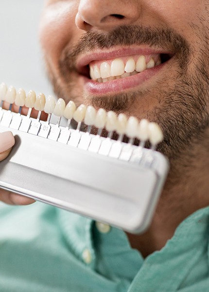 a dentist holding a shade chart up to a patient’s teeth